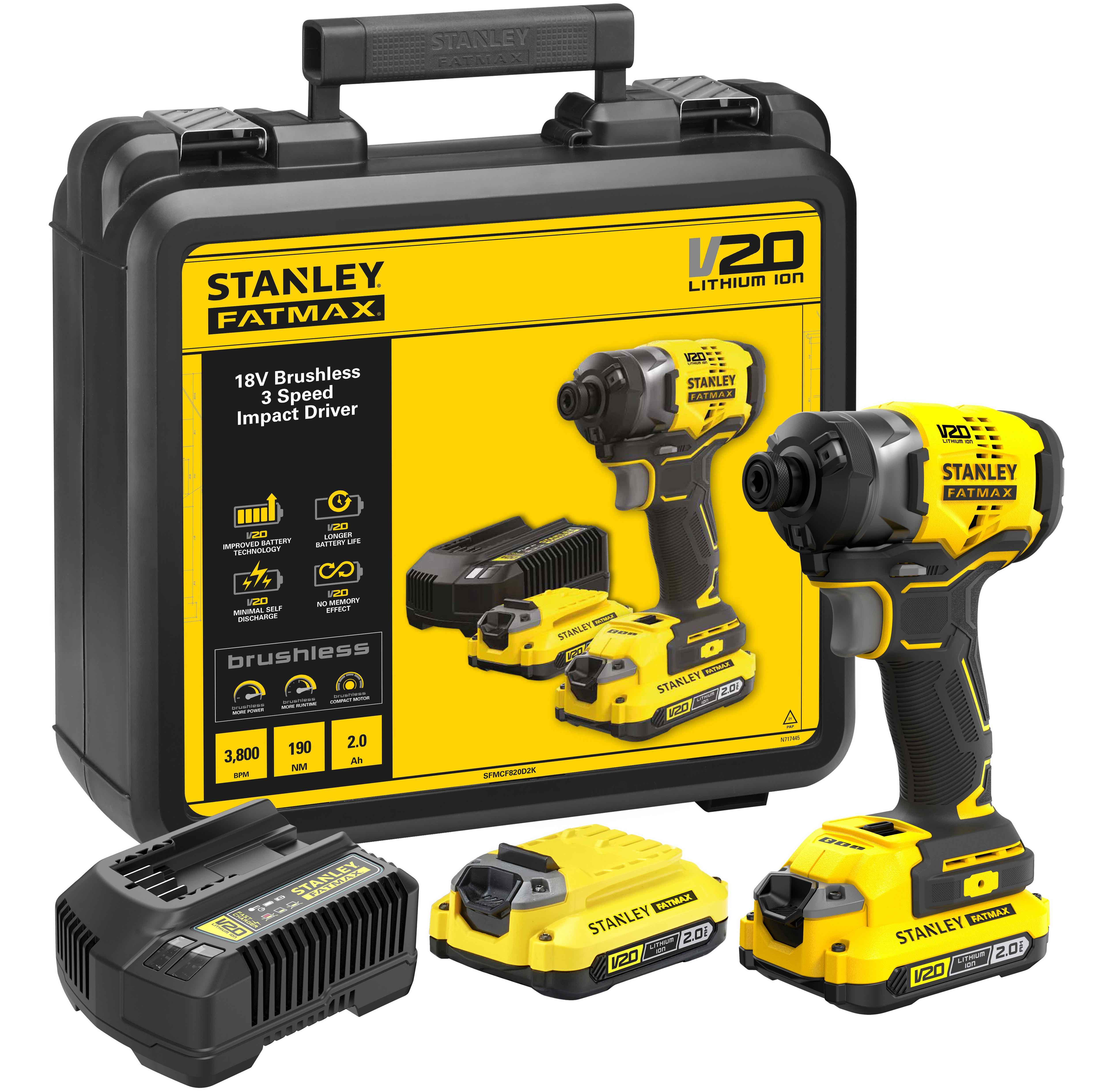 Аккумуляторный шуруповерт STANLEY FATMAX SFMCF820D2K, 18 В, 190 Нм, 3800 уд/мин, с 2 АКБ 2 Ач и ЗУ, в кейсе (SFMCF820D2K-QW)