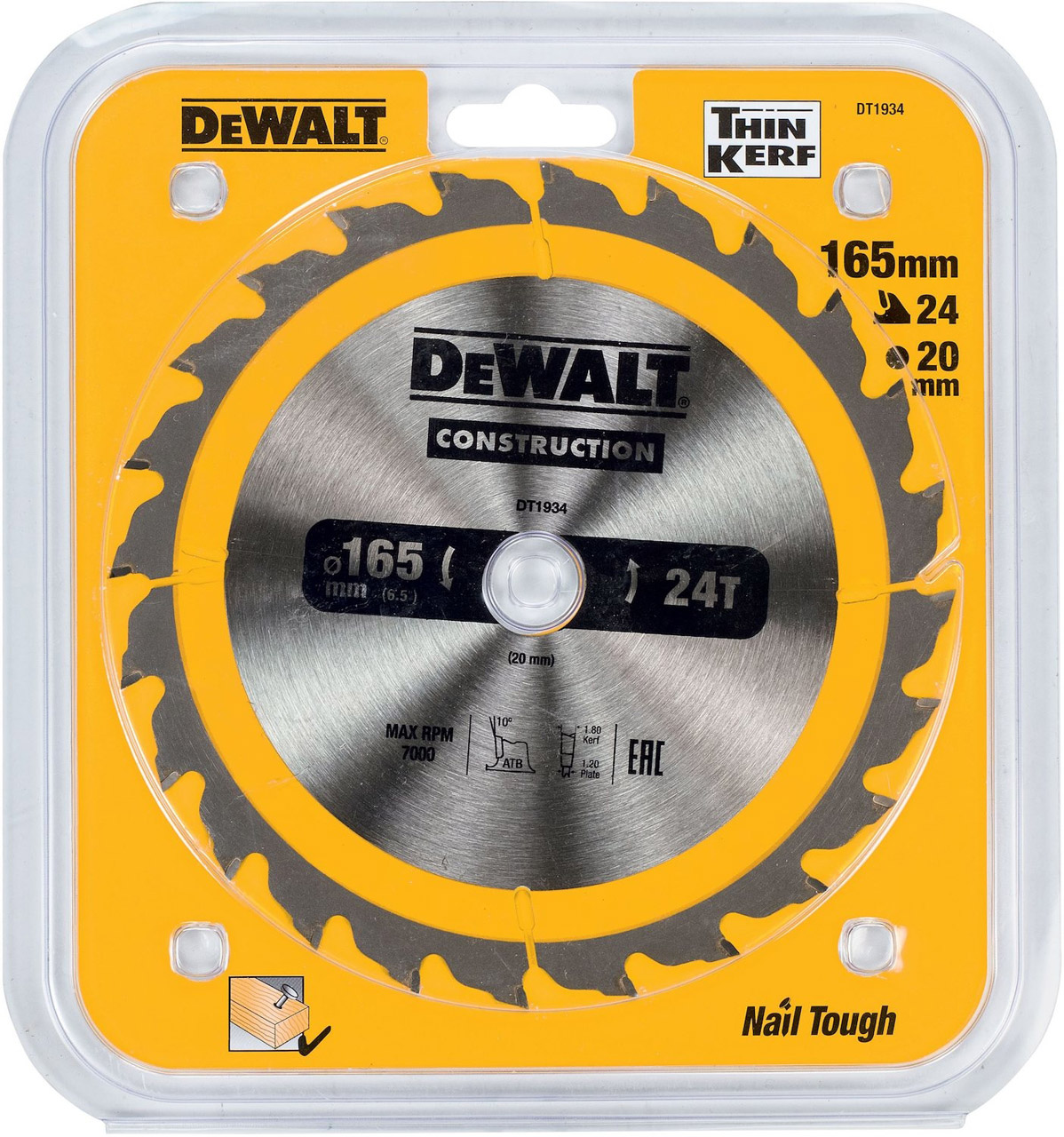 Диск пильный по дереву DEWALT CONSTRUCTION, 165х20х1.2 мм (DT1934-QZ)
