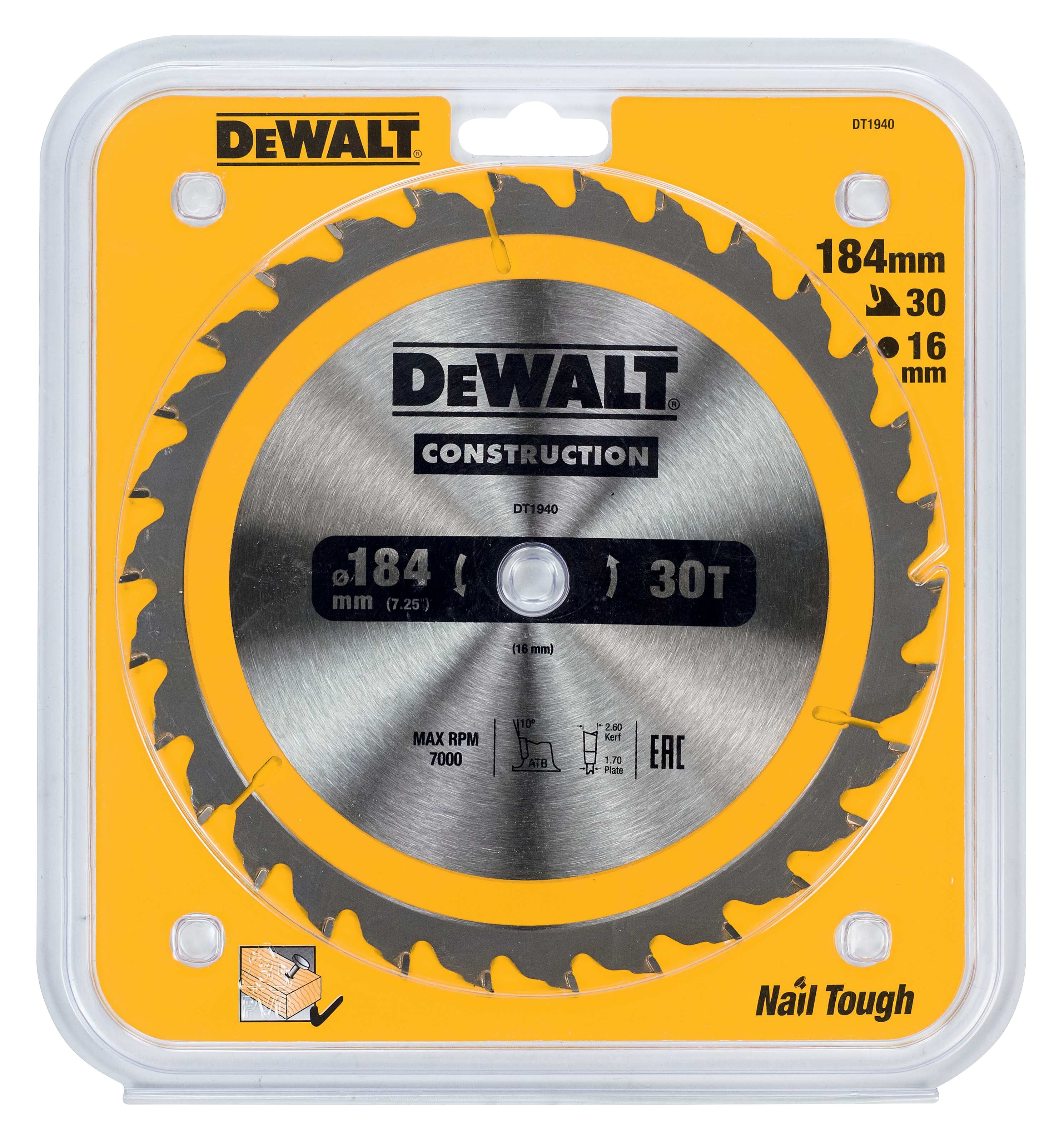 Пильный диск DEWALT CONSTRUCTION DT1940, 184/16 мм.