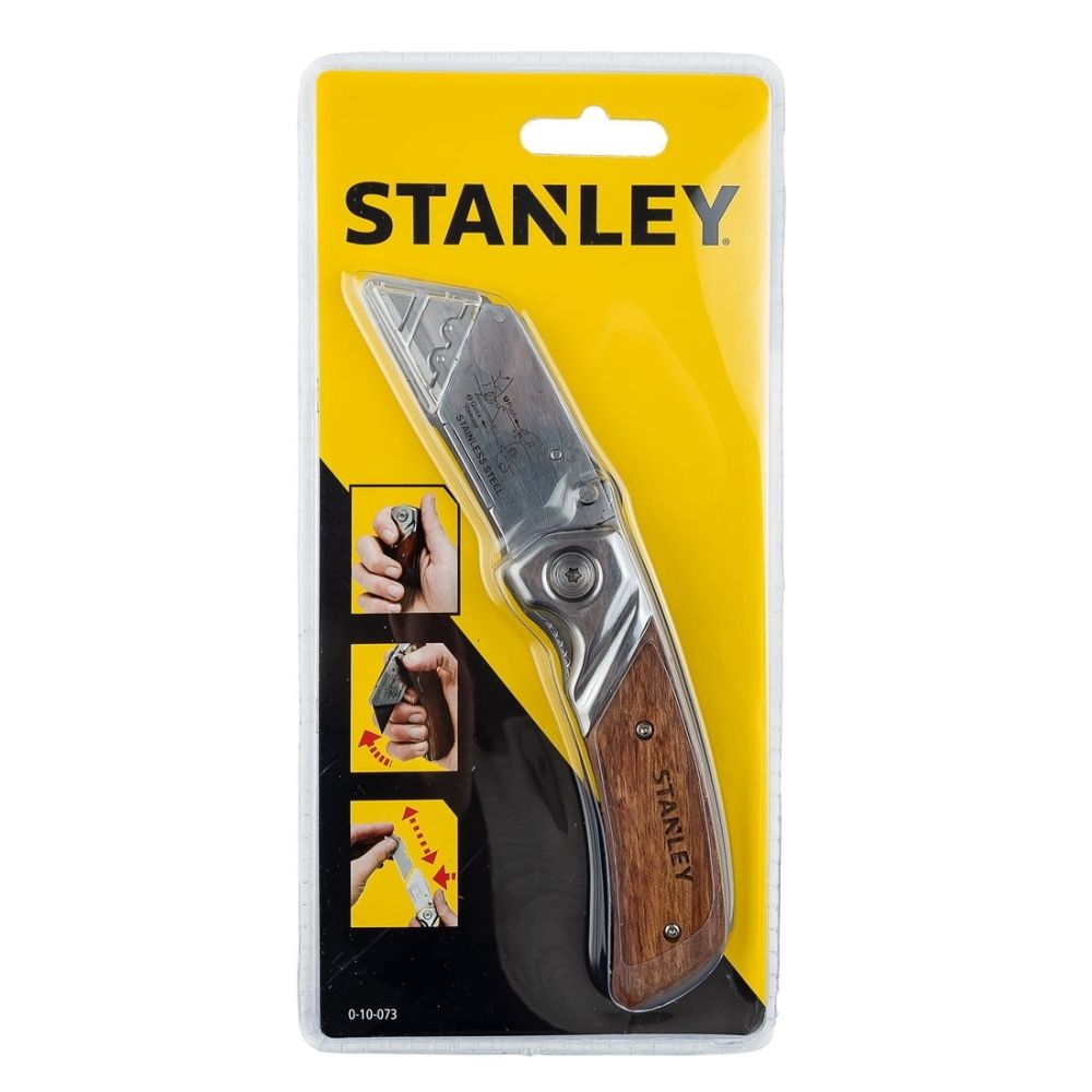 Нож STANLEY FOLDING KNIFE WITH WOODEN HANDLE STANLEY 0-10-073, складной с фиксированным лезвием с фронтальной загрузкой и деревянной ручкой