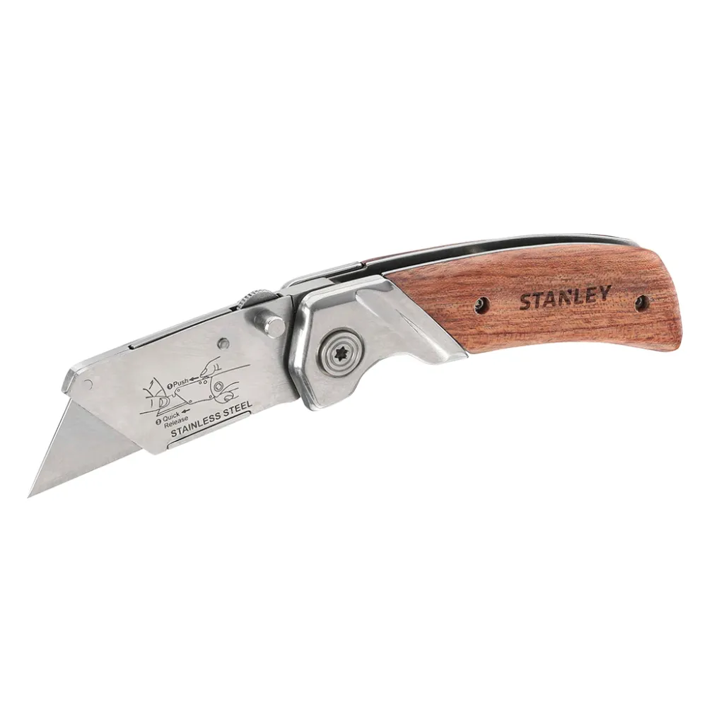 Нож STANLEY FOLDING KNIFE WITH WOODEN HANDLE STANLEY 0-10-073, складной с фиксированным лезвием с фронтальной загрузкой и деревянной ручкой
