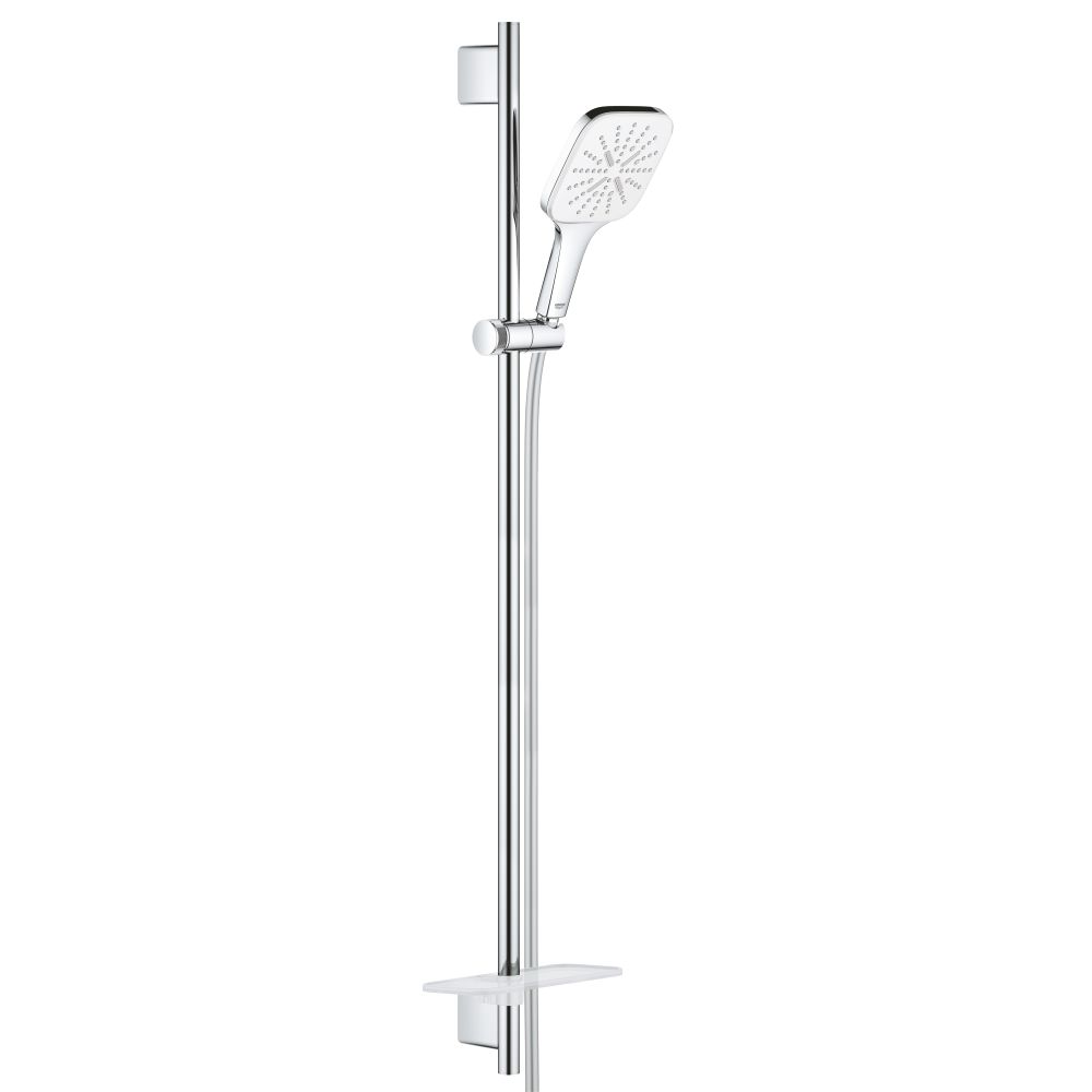 Душевой гарнитур GROHE Rainshower SmartActive 130 Cube с мыльницей, 3 режима струи, душевая штанга 900 мм, 12 л/мин, белая луна (26586LS0)