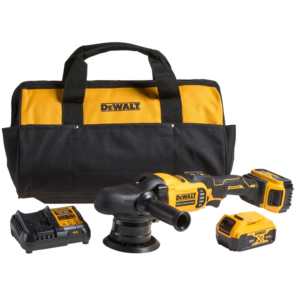 Аккумуляторная полировальная машина DEWALT DCM848P2, 18 В, 125 мм, 5500 кол/мин, с 2 АКБ 5 Ач и ЗУ, в сумке (DCM848P2-QW)
