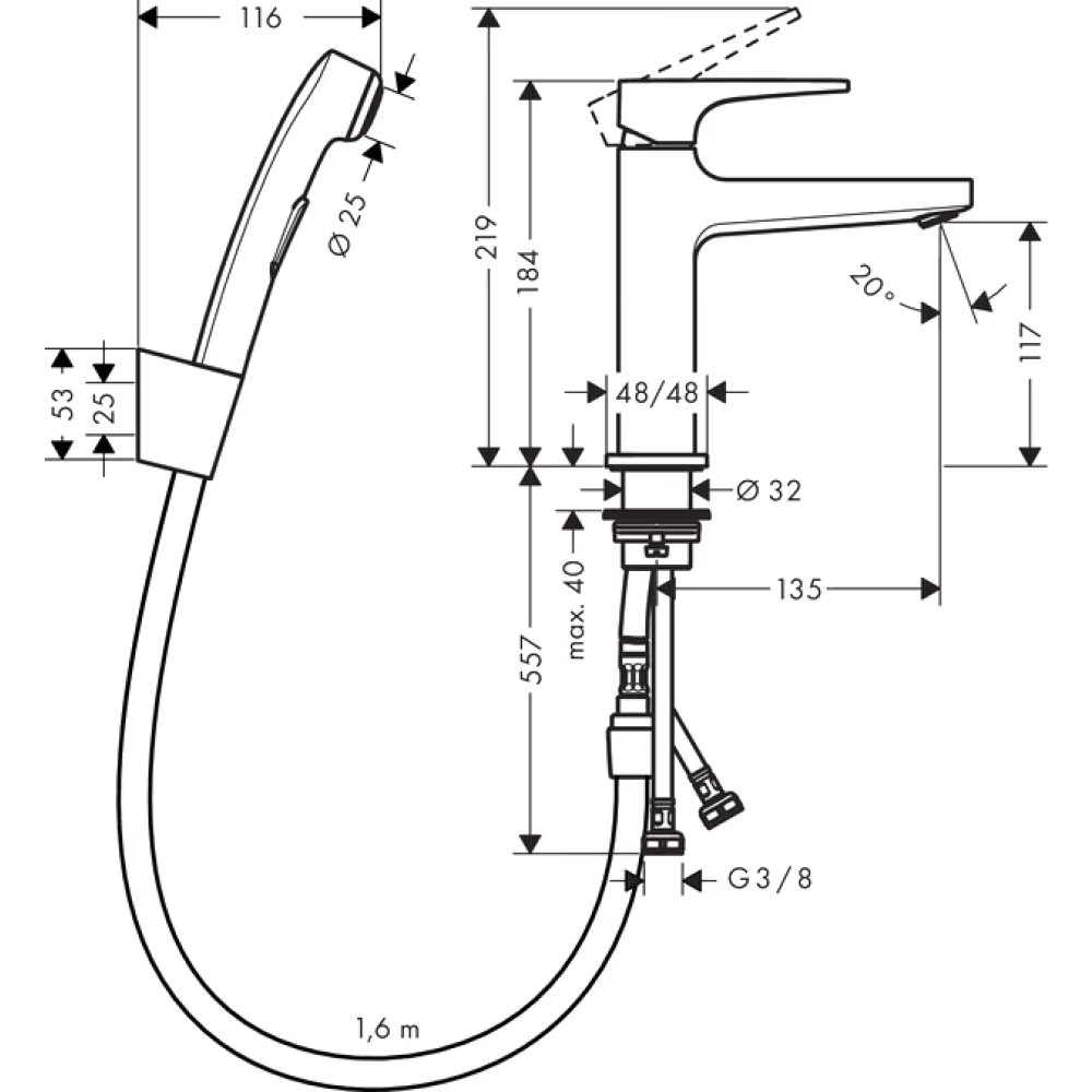 Смеситель для раковины hansgrohe Metropol 110 со сливным гарнитуром и гигиеническим душем 32522000, хром