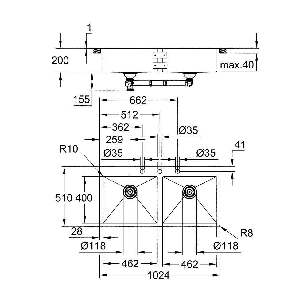 Мойка GROHE K800 с двумя чашами, нержавеющая сталь (31585SD1)