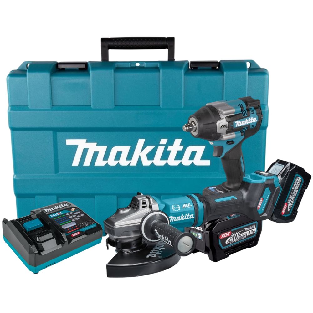 Аккумуляторный набор Makita, 40 В: гайковерт TW007 + угловая шлифмашина GA038, с 2 АКБ 5 Ач и ЗУ, в кейсе