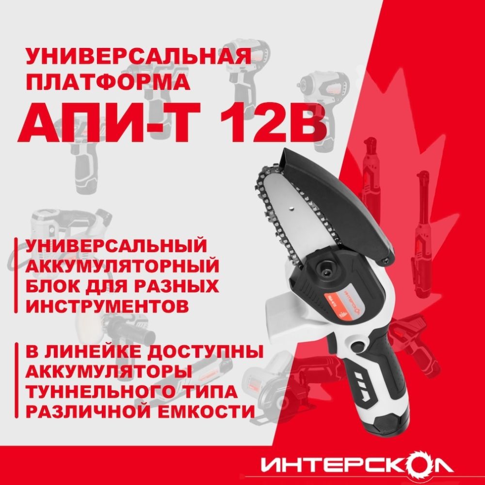 Аккумуляторная цепная пила ИНТЕРСКОЛ ПЦА-4/12, 12 В, 10 см, с 2 АКБ 2 Ач и ЗУ (811.2.2.70)