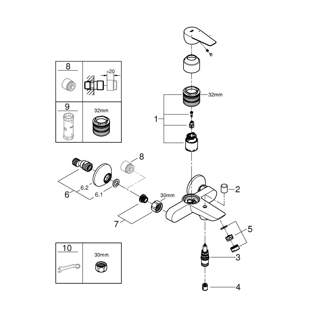 Смеситель для ванны GROHE BauEdge, хром (23604001)