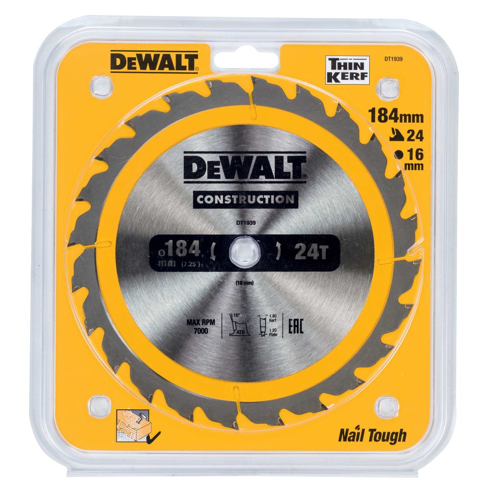 Диск пильный по дереву DEWALT CONSTRUCTION, 184х16х1.2 мм (DT1939-QZ)