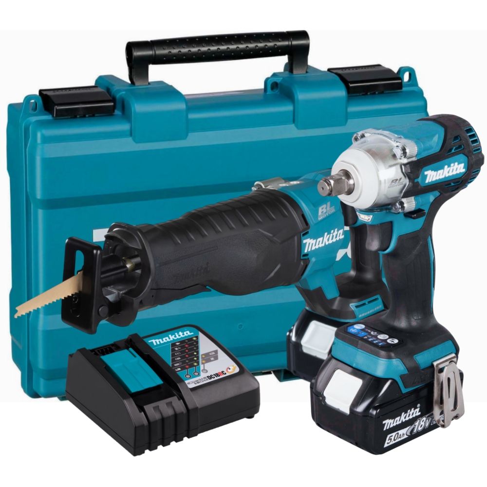 Аккумуляторный набор Makita, 18 В: гайковерт DTW300 + сабельная пила DJR187, с 2 АКБ 5 Ач и ЗУ, в кейсе