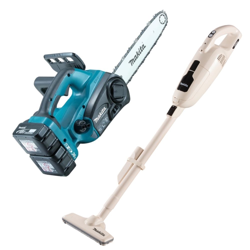 Набор аккумуляторный Makita: цепная пила DUC302RF2, 2х18 В, 30 см, с 2 АКБ 3 Ач и ЗУ + пылесос CL114FDWI, 12 В, со встроенной АКБ 2 Ач и ЗУ, PT1057