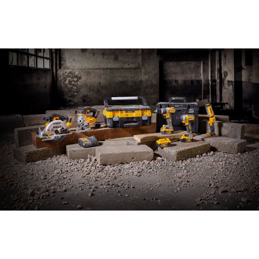 Аккумуляторный набор DEWALT DCK551P3T, 18 В: дрель + шуруповерт + пила + лобзик + фонарь, с 3 АКБ 5 Ач и ЗУ, в 2 кейсах TSTAK