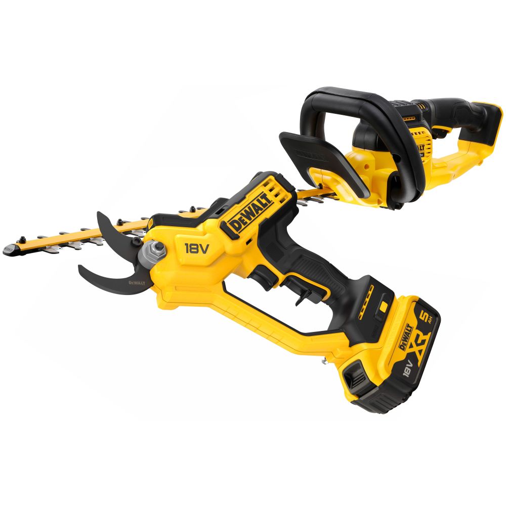 Аккумуляторный набор садовой техники DEWALT, 18 В: кусторез DCM563 + секатор DCMPP568, с АКБ 5 Ач и ЗУ