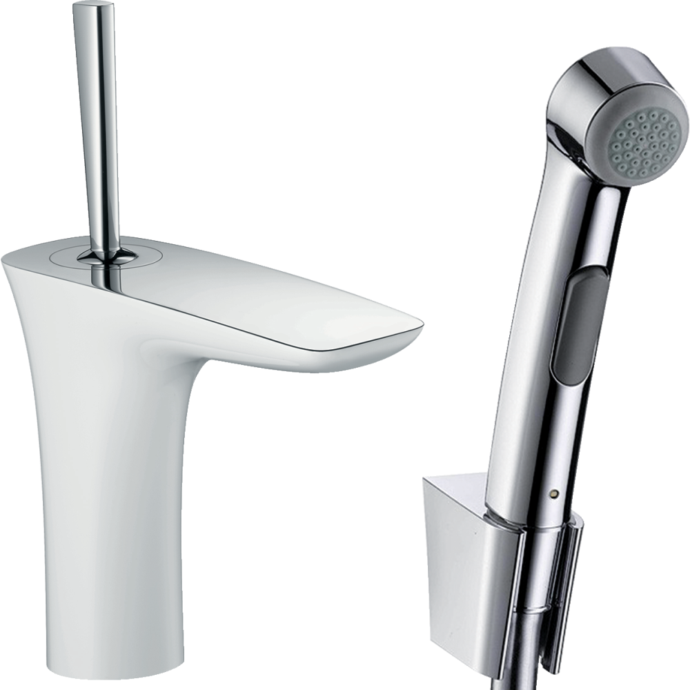 Смеситель для раковины hansgrohe PuraVida 110 со сливным гарнитуром и гигиеническим душем 15275400, белый/хром