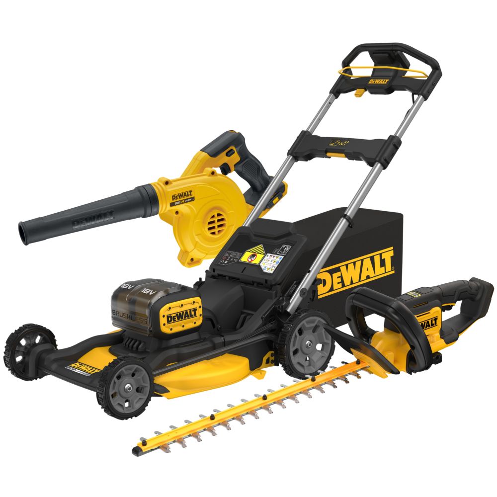 Аккумуляторный набор садовой техники DEWALT, 18 В: газонокосилка DCMWP134 + кусторез DCMHT564 + воздуходувка DCV100, без АКБ без ЗУ