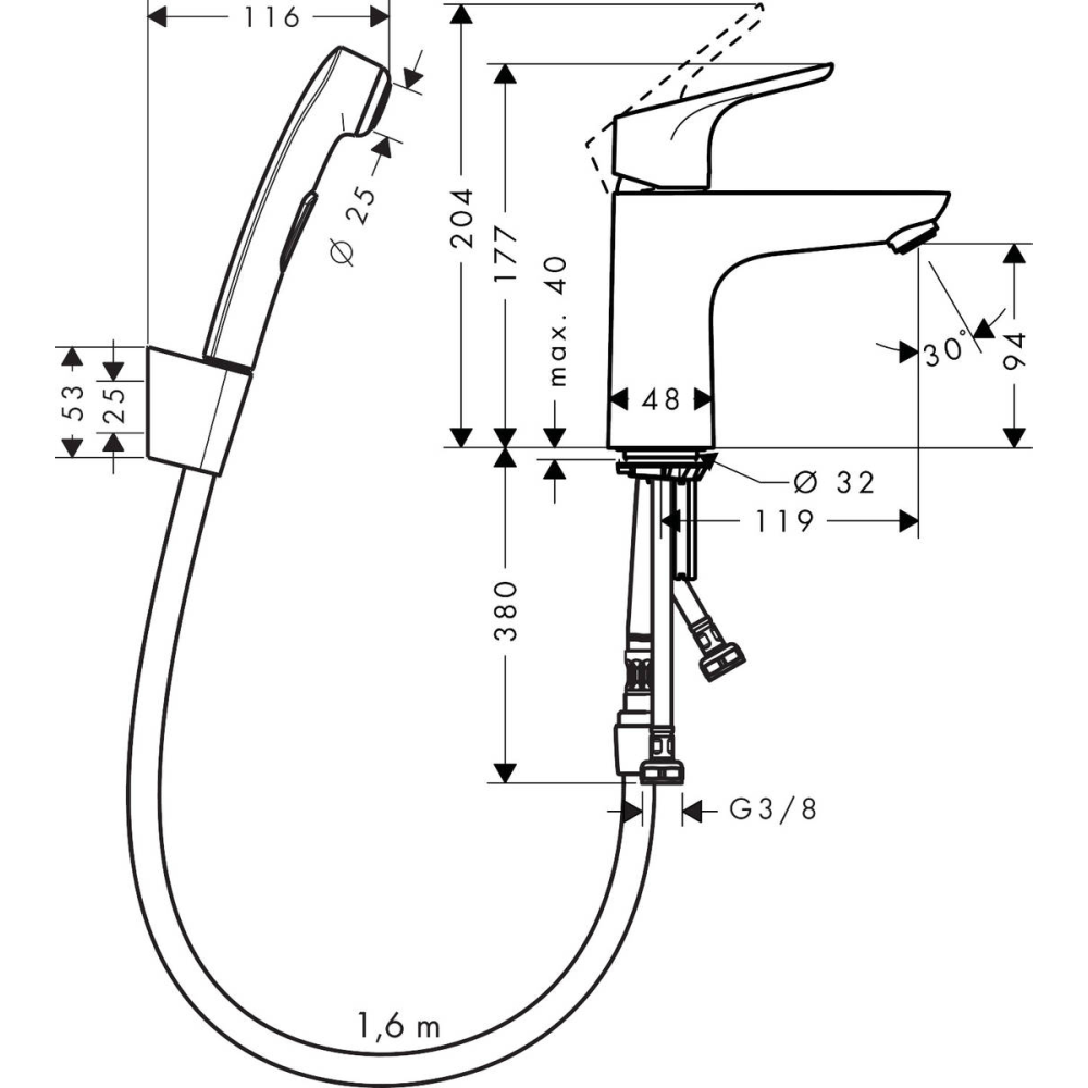 Смеситель для раковины hansgrohe Focus 100 со сливным гарнитуром и гигиеническим душем 31927000, хром