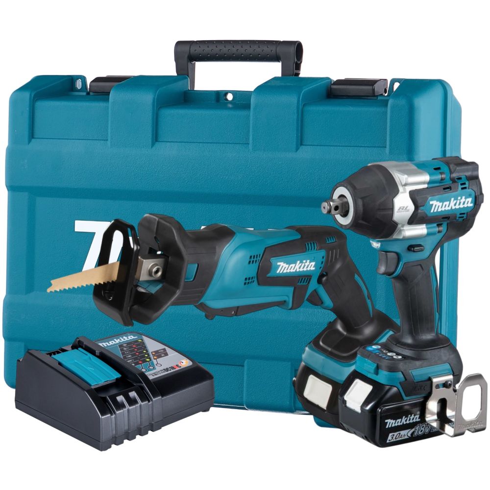 Аккумуляторный набор Makita, 18 В: гайковерт DTW700 + сабельная пила DJR185, с 2 АКБ 3 Ач и ЗУ, в кейсе