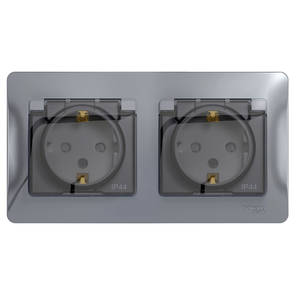 Розетка двойная с заземлением со шторками IP44 Systeme Electric (Schneider Electric) Glossa, алюминий GSL000347