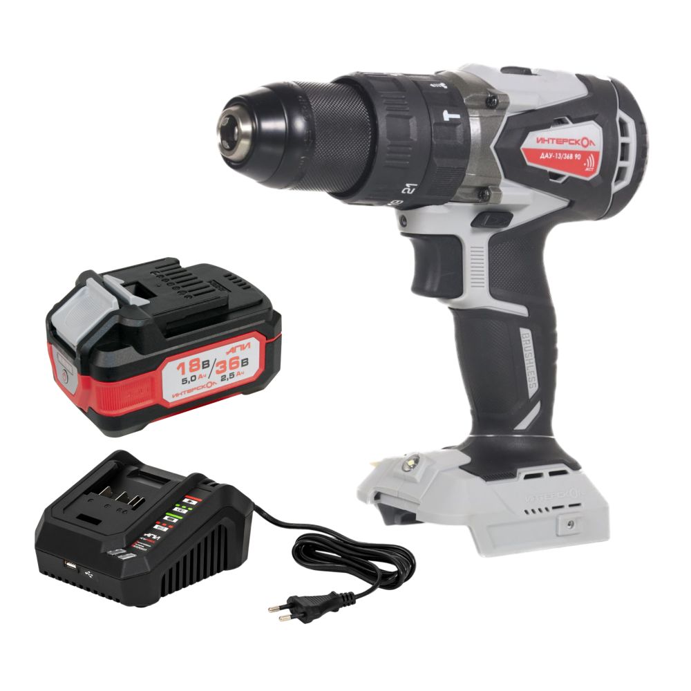 Аккумуляторная ударная дрель-шуруповерт ИНТЕРСКОЛ ДАУ-13/36В 90, 36 В, 2000 об/мин, 30000 уд/мин, с АКБ 2.5 Ач и ЗУ (860.0.0.70-B25C)