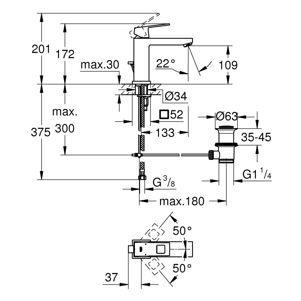 Смеситель для раковины GROHE Eurocube с донным клапаном, суперсталь (23445DC0)