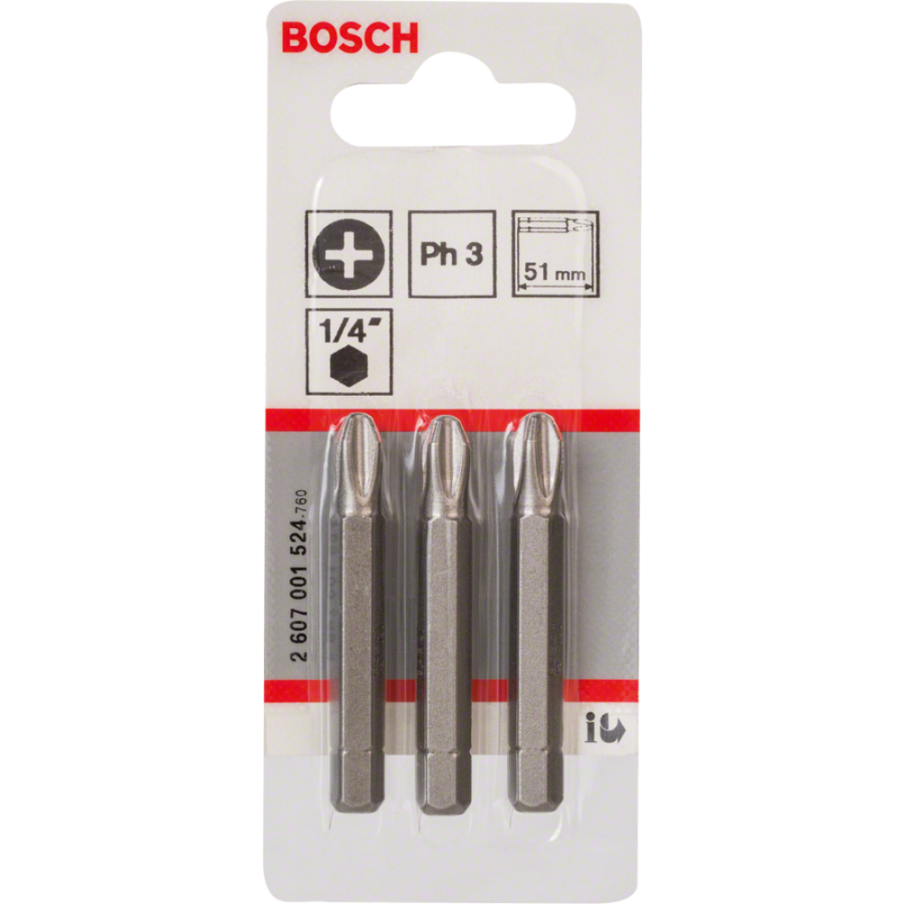 Биты для шуруповертов Bosch PH3 2607001524, XH, 51 мм, 3 шт.