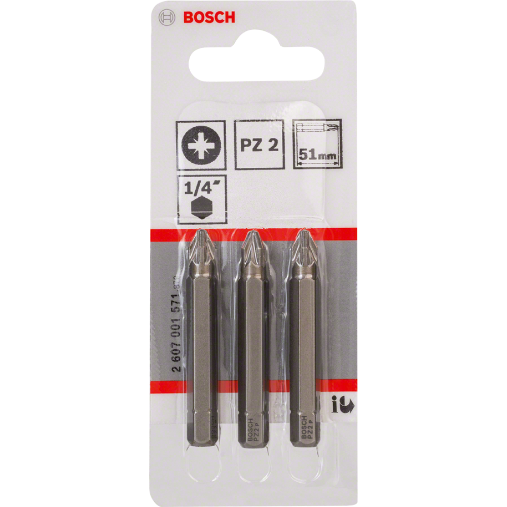 Биты для шуруповертов Bosch PZ2 2607001571, XH, 51 мм, 3 шт.