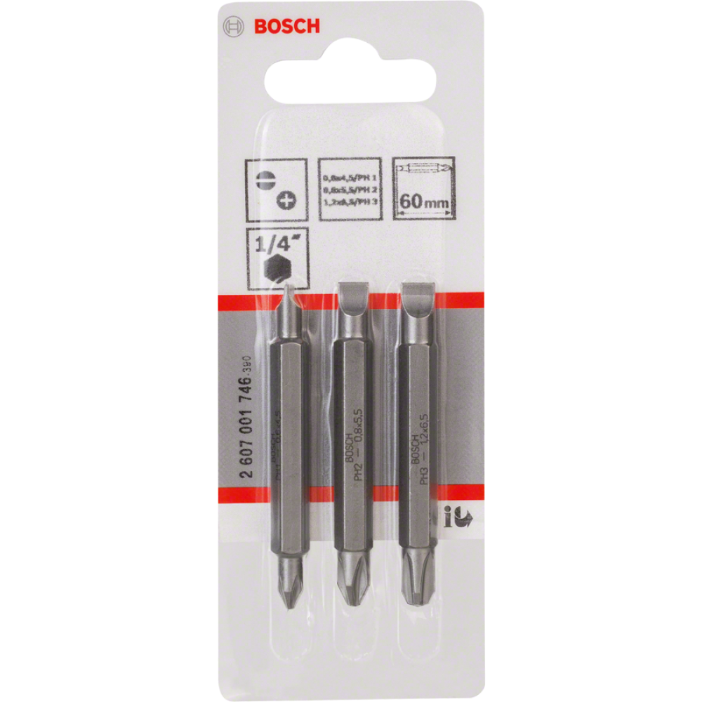 Биты двухсторонние для шуруповертов Bosch PH/SL 2607001746, XH, 60 мм, 3 шт.