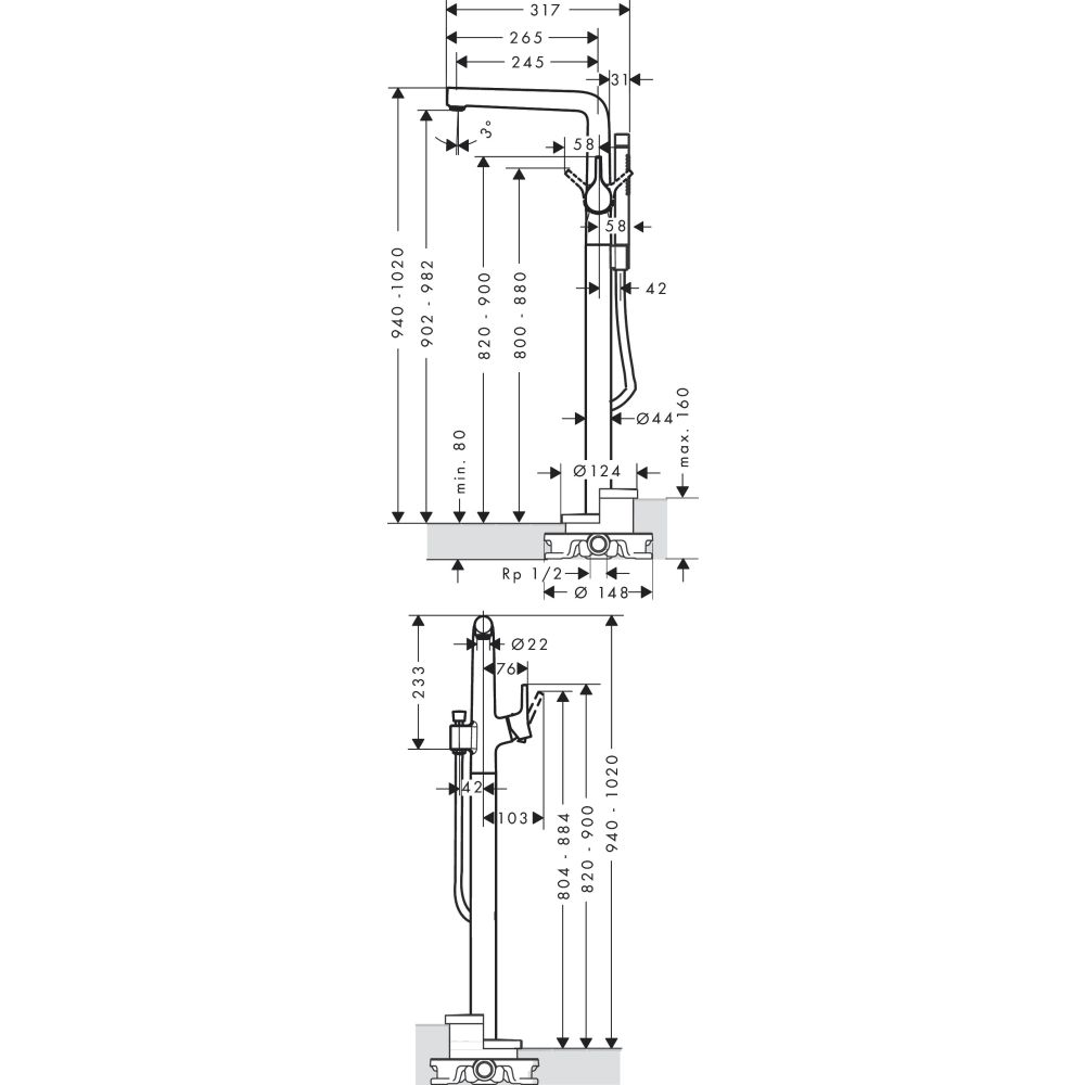 Внешняя часть смесителя для ванны hansgrohe Talis S напольного монтажа 72412000, хром