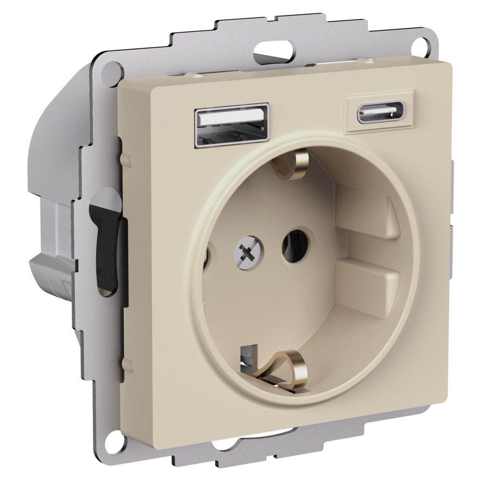 Розетка 16A с двумя портами USB A+C (2.4А и 1.5А) Systeme Electric (Schneider Electric) AtlasDesign, песочный ATN001232