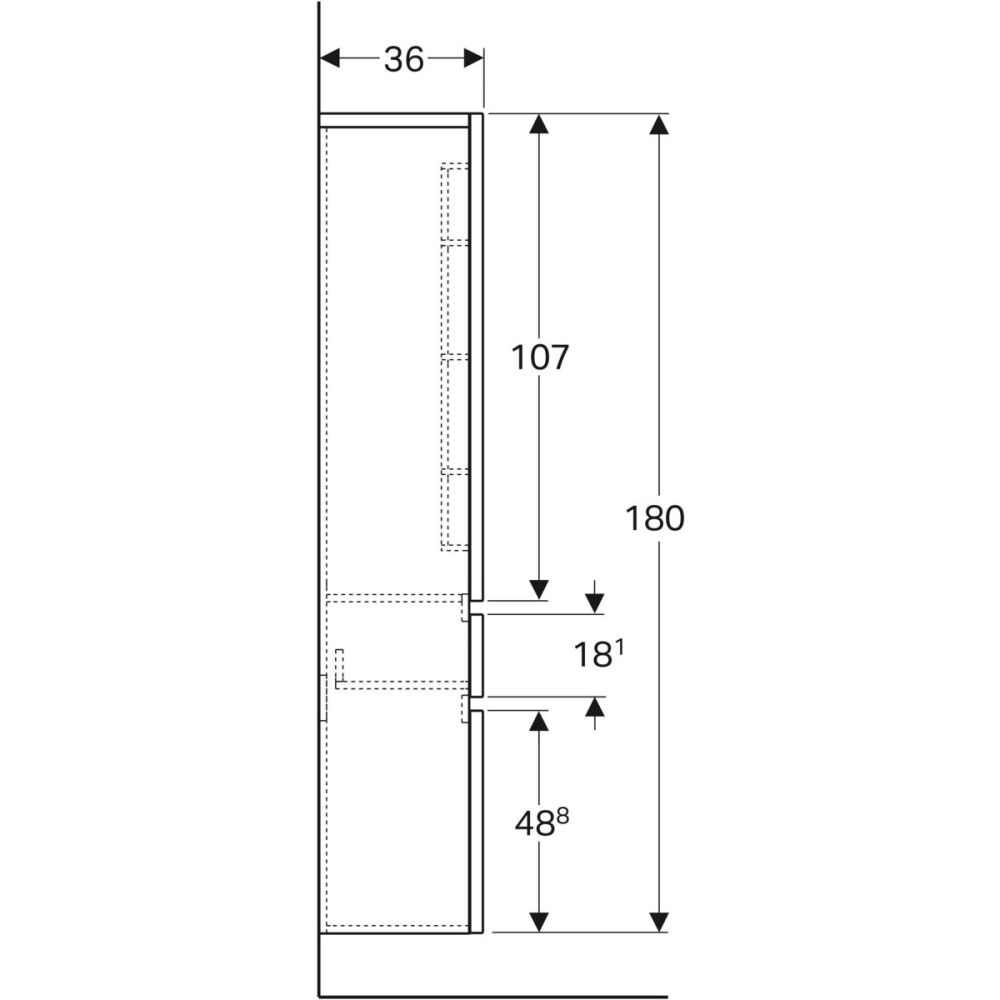 Высокий шкафчик Geberit Renova Plan с двумя дверями и одним выдвижным ящиком: B=39см, H=180см, T=36см, дуб, коричневый, 869003000