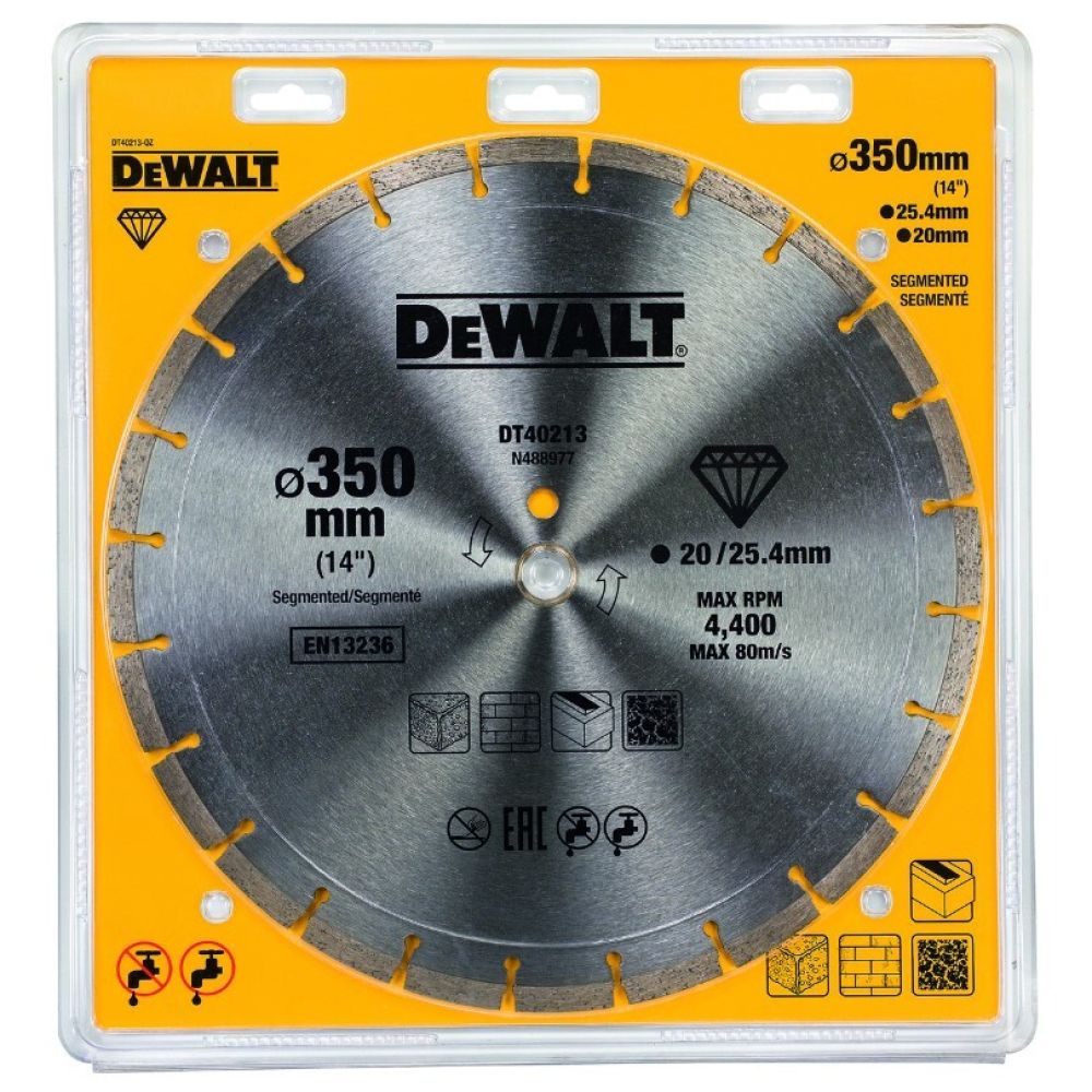 Алмазный круг сегментный универсальный DEWALT DT40213, 350 x 25.4, (кольцо 20 мм, в комплекте)