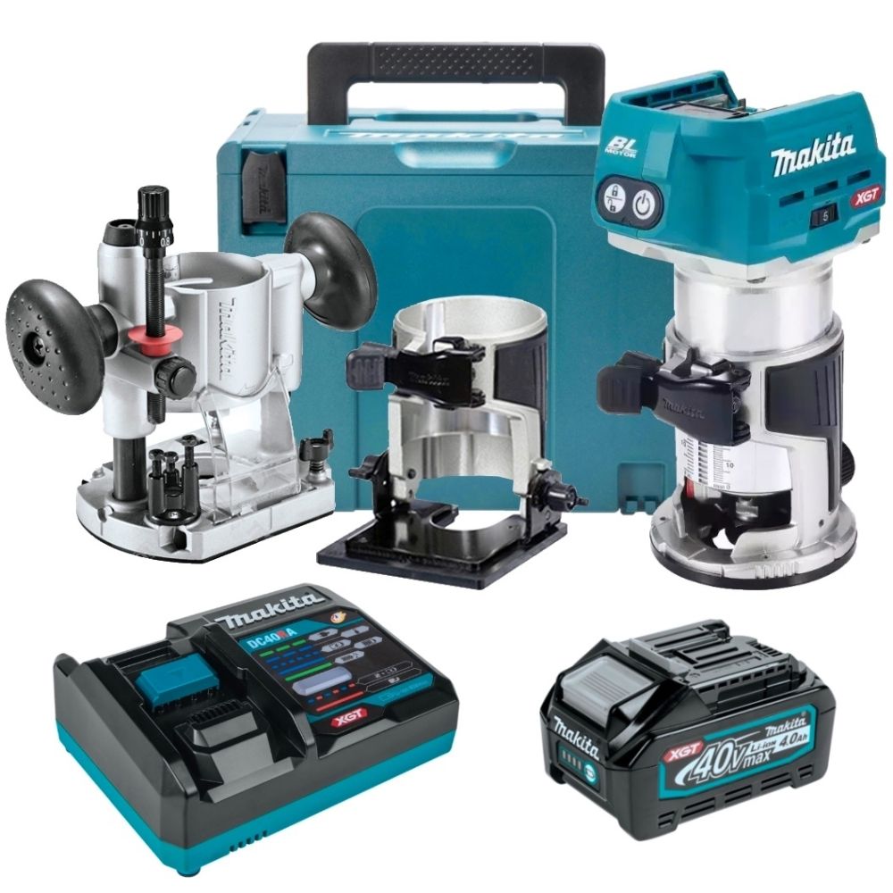 Набор Makita: аккумуляторный кромочный фрезер RT001GZ19, 31000 об/мин + аккумулятор BL4040, 40 В, 4 Ач + быстрое зарядное устройство DC40RA, PT993