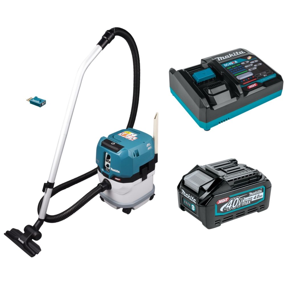 Набор Makita: аккумуляторный пылесос VC004GLZ01, 15 л, 1.8 м³/мин + аккумулятор BL4040, 40 В, 4 Ач + быстрое зарядное устройство DC40RA, PT992