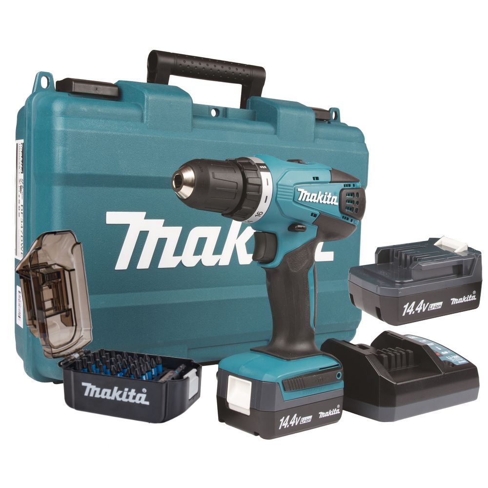 Набор инструмента Makita: аккумуляторная дрель-шуруповерт DF347DWE, 14.4 В, с 2 АКБ 1.5 Ач и ЗУ, в кейсе + набор бит E-03084, 31 шт., PT1065