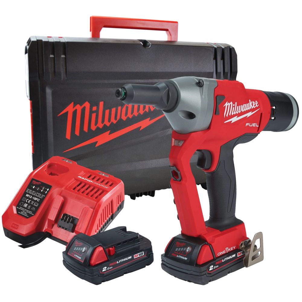 Аккумуляторный заклепочный пистолет Milwaukee M18 ONEFPRT-202X, 18 В, c 2 АКБ 2 Ач и ЗУ, в кейсе, 4933478602