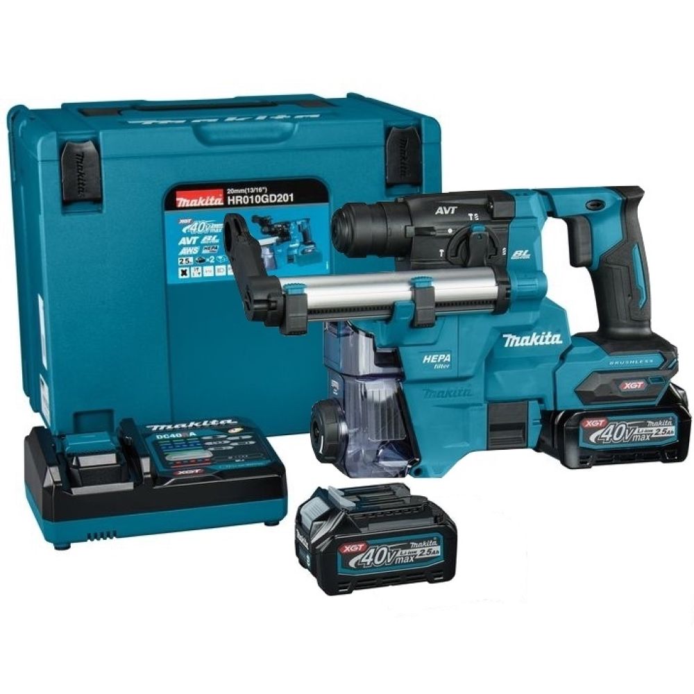 Аккумуляторный перфоратор Makita, 40 В, с системой пылеудаления DX16, 2.1 Дж, 5000 уд/мин, с 2 АКБ 2.5 Ач и ЗУ, в кейсе MakPac, HR010GD201