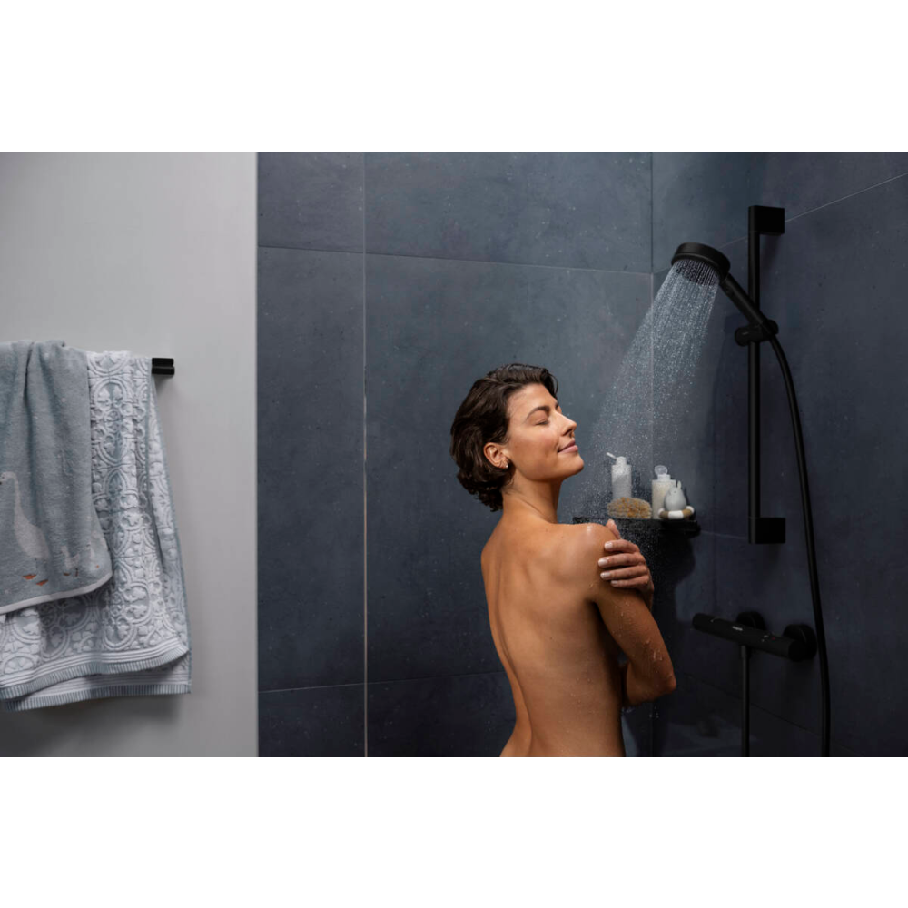 Душевой набор hansgrohe Pulsify Select S 105 3jet Relaxation EcoSmart с термостатом Ecostat Fine и душевой штангой 65 см, 24262670, матовый черный