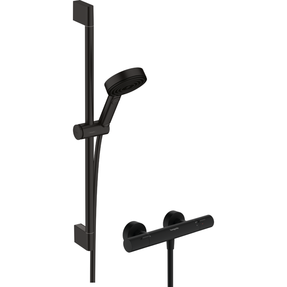 Душевой набор hansgrohe Pulsify Select S 105 3jet Relaxation EcoSmart с термостатом Ecostat Fine и душевой штангой 65 см, 24262670, матовый черный