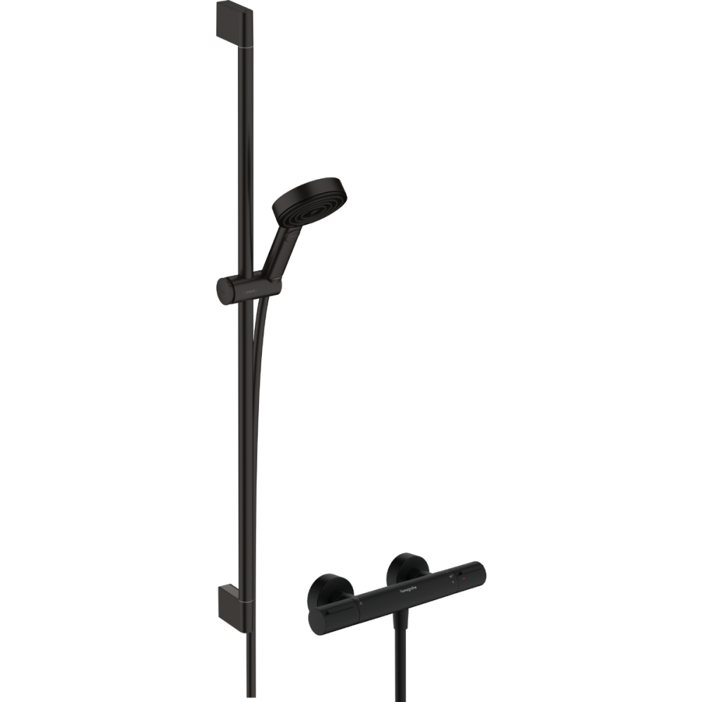 Душевой набор hansgrohe Pulsify Select S 105 3jet Relaxation EcoSmart с термостатом Ecostat Element и душевой штангой 90 см, 24271670, матовый черный