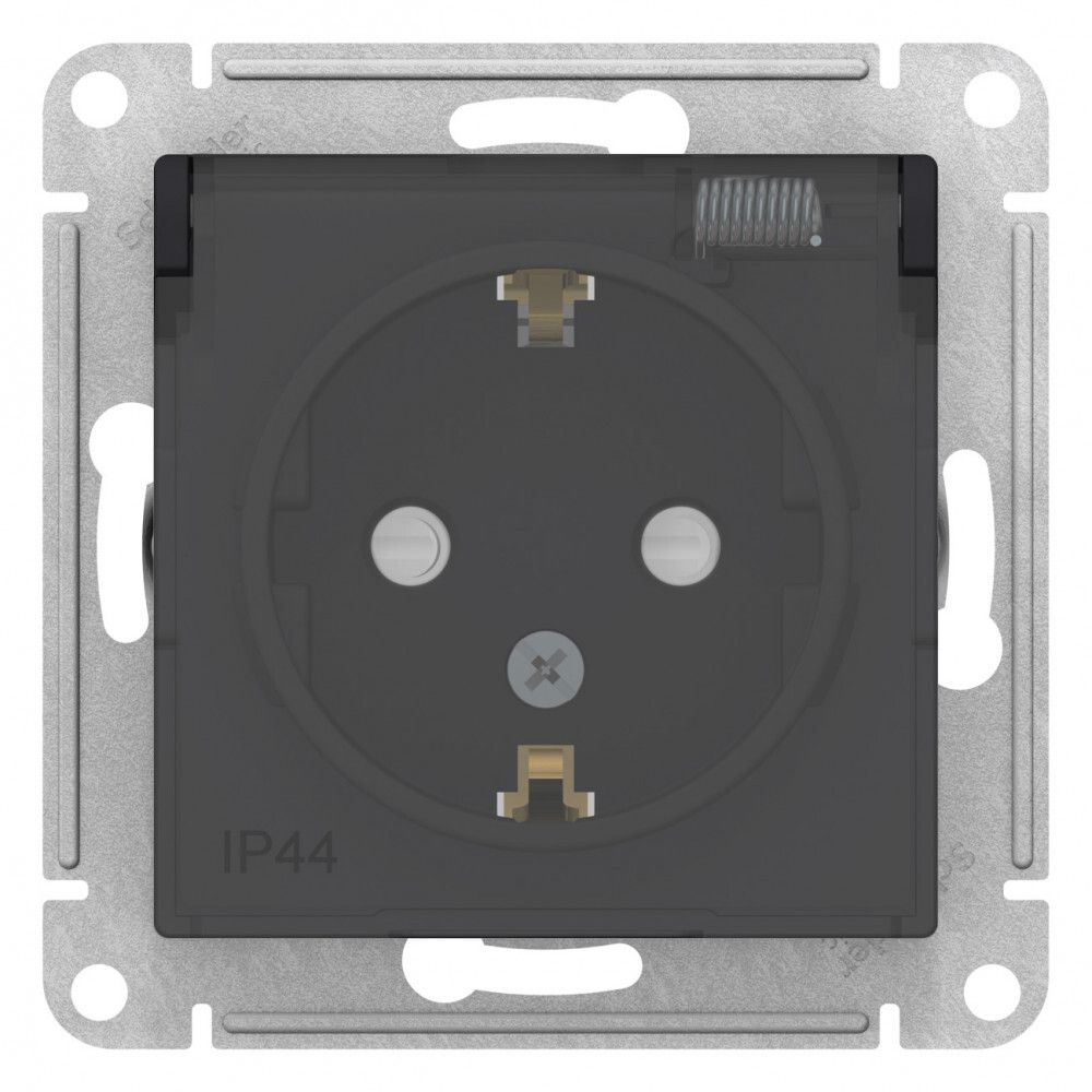 Розетка с заземлением со шторками с крышкой IP44, Systeme Electric (Schneider Electric) AtlasDesign карбон ATN441046