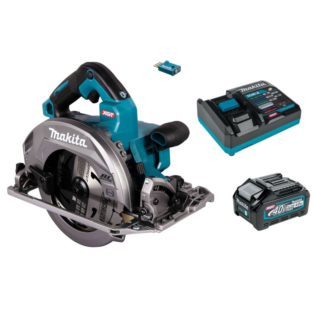 Набор Makita: аккумуляторная дисковая пила HS004GZ01, 40 В, 190 мм, 6000 об/мин + АКБ BL4040, 40 В, 4 Ач + быстрое ЗУ DC40RA, PT1033