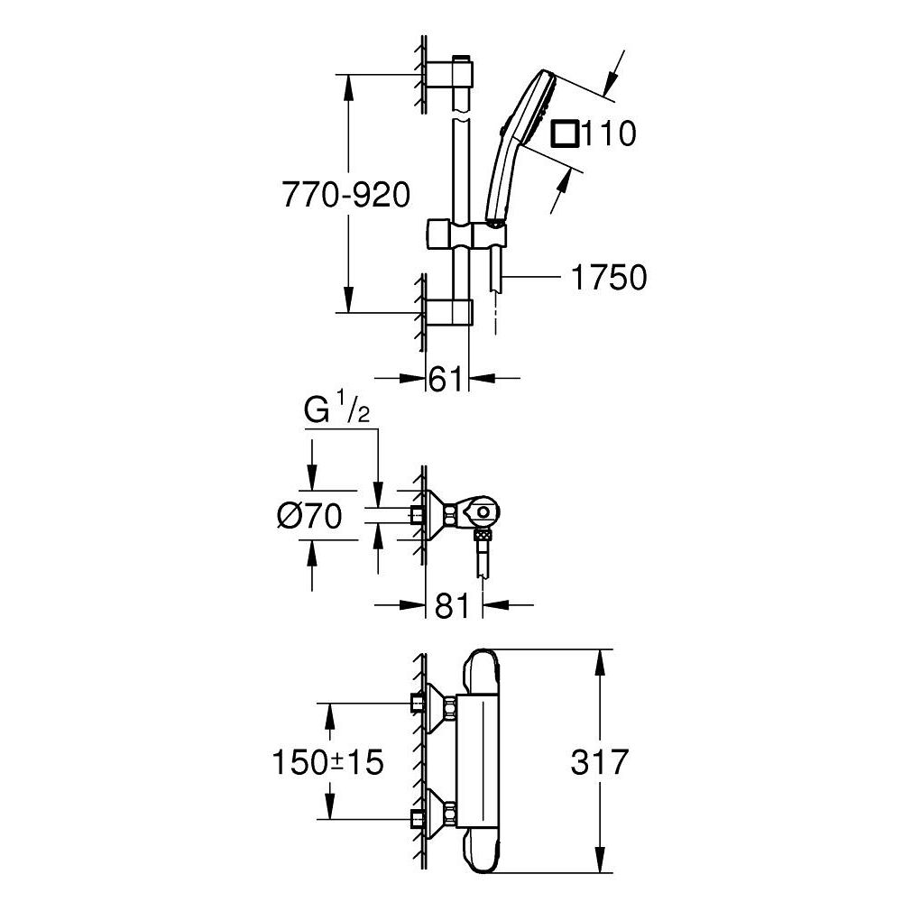 Термостат для душа GROHE Grohtherm 1000 с душевым гарнитуром, хром (34824005)