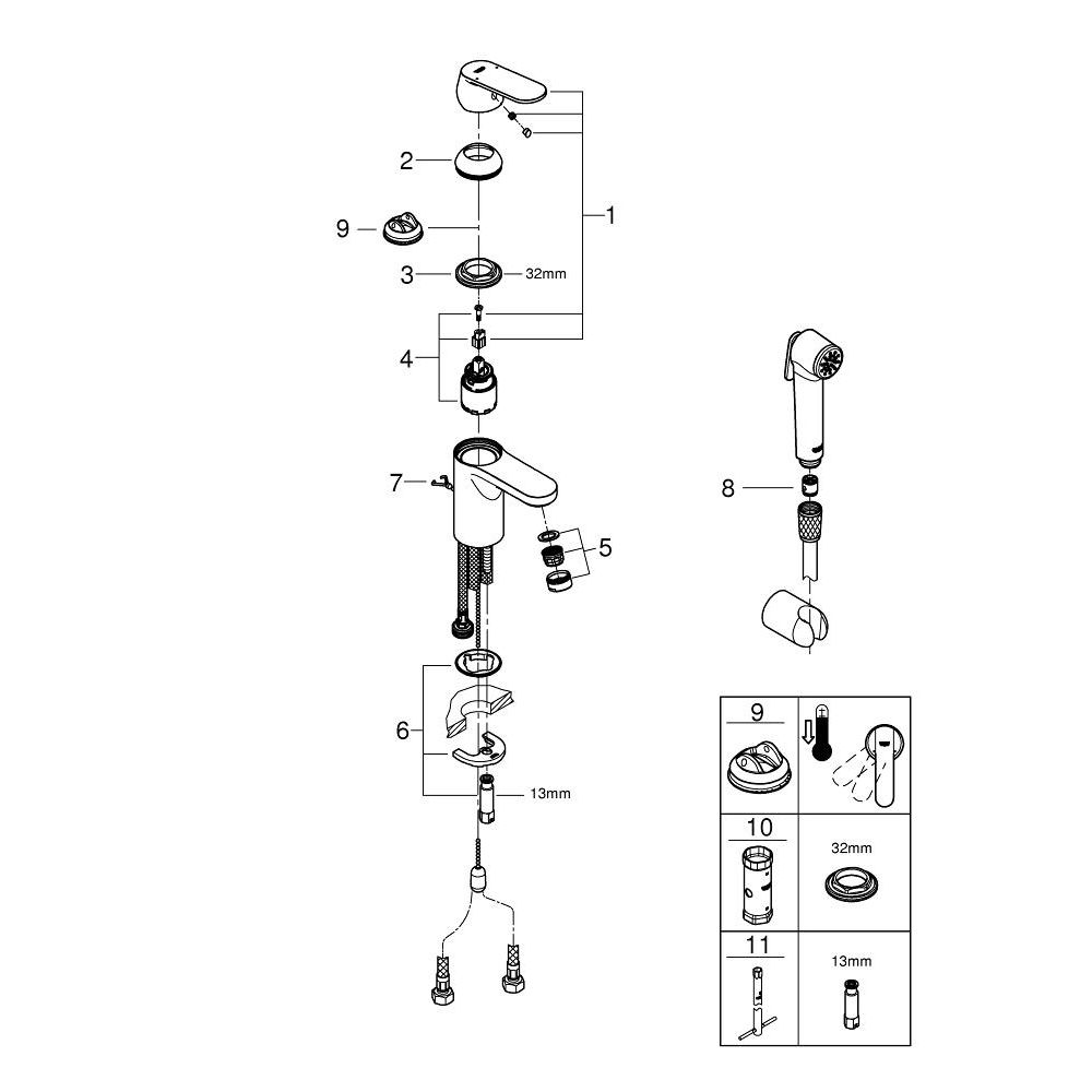 Смеситель для раковины GROHE Eurosmart Cosmopolitan с гигиеническим душем, S-size, хром (23125000)