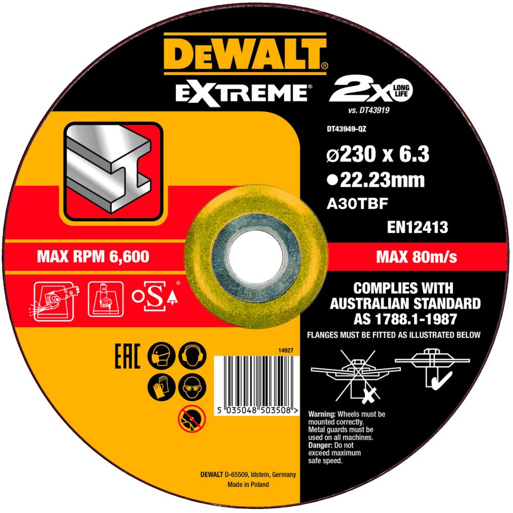 Круг зачистной по металлу EXTREME 230x22.2x6.3 мм DEWALT DT43949