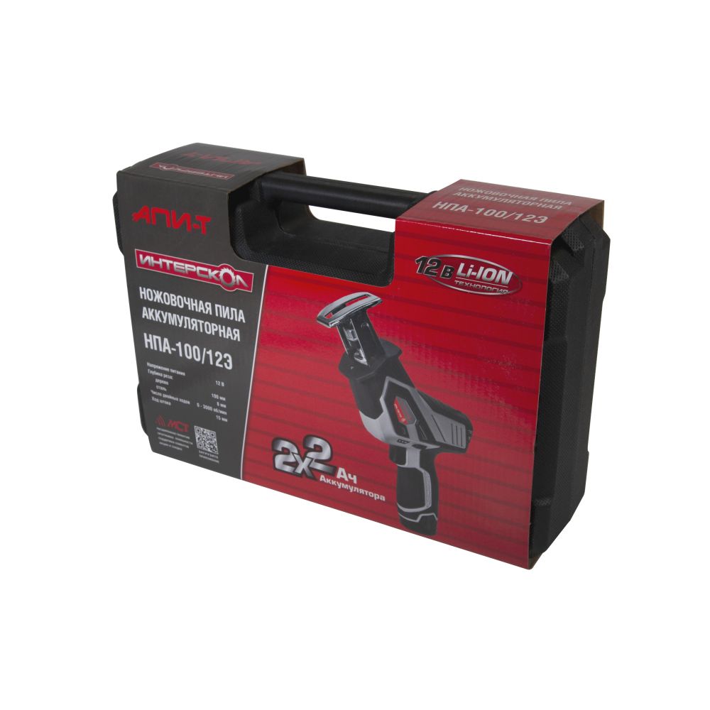 Аккумуляторная ножовочная пила ИНТЕРСКОЛ НПА-100/12Э, 12 В, 3000 ход/мин, 15 мм, с 2 АКБ 2 Ач и ЗУ, в кейсе (805.2.2.70)