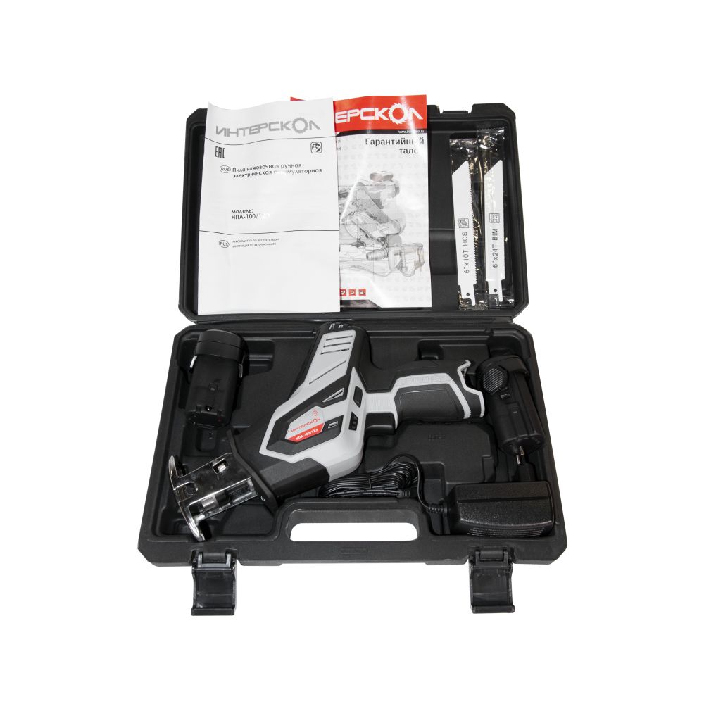 Аккумуляторная ножовочная пила ИНТЕРСКОЛ НПА-100/12Э, 12 В, 3000 ход/мин, 15 мм, с 2 АКБ 2 Ач и ЗУ, в кейсе (805.2.2.70)