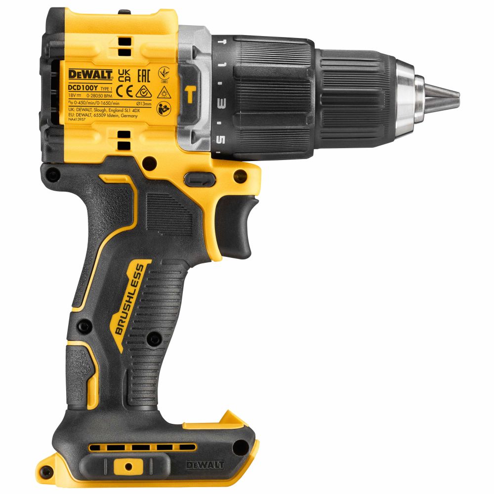 Ударная дрель-шуруповерт DEWALT DCD100YM2T, 18 В, 1650 об/мин, 28050 уд/мин, с 2 АКБ 4 Ач и ЗУ, в кейсе TSTAK (DCD100YM2T-QW)