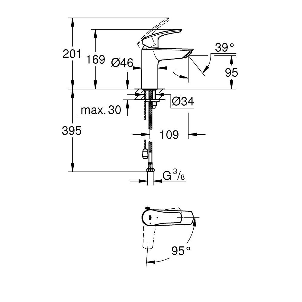 Смеситель для раковины GROHE Eurosmart с цепочкой, S-Size, хром (23372003)
