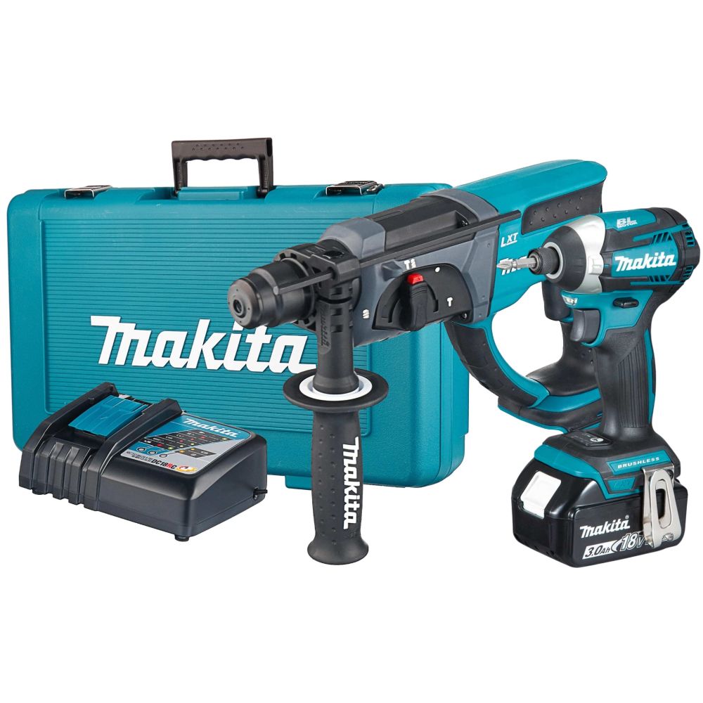 Аккумуляторный набор Makita, 18 В: перфоратор DHR202 + шуруповерт DTD154, с АКБ 3 Ач и ЗУ, в кейсе