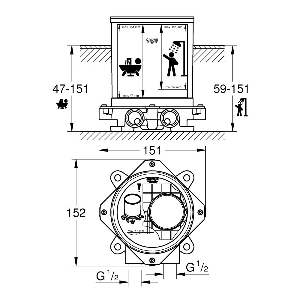Монтажный набор GROHE для напольного смесителя или излива для ванны , глубина монтажа 47-151 мм (29086000)